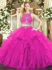 Admirable Fuchsia Zipper 15th Birthday Dress Beading and Ruffles Sleeveless Floor Length