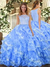 Fitting Sleeveless Floor Length Lace and Ruffled Layers Clasp Handle Vestidos de Quinceanera with Light Blue