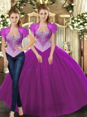 Modest Fuchsia Lace Up Vestidos de Quinceanera Beading Sleeveless Floor Length