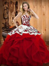 Captivating Embroidery and Ruffles Sweet 16 Dress Wine Red Lace Up Sleeveless Floor Length