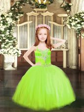 Eye-catching Tulle Spaghetti Straps Sleeveless Lace Up Beading Party Dress for Girls in Yellow Green