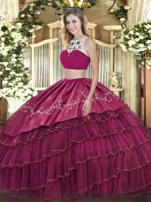 Classical Floor Length Fuchsia Quinceanera Dress High-neck Sleeveless Backless