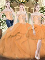 Orange Red Three Pieces Off The Shoulder Sleeveless Organza Floor Length Lace Up Ruffles Quinceanera Dress