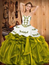 Floor Length Olive Green Sweet 16 Dress Satin and Organza Sleeveless Embroidery and Ruffles