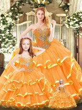 Super Orange Red Lace Up Vestidos de Quinceanera Beading and Ruffled Layers Sleeveless Floor Length