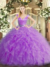 Cute Lilac Ball Gowns V-neck Sleeveless Organza Floor Length Zipper Ruffles Ball Gown Prom Dress