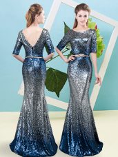 Sequins and Belt Homecoming Dress Multi-color Zipper Half Sleeves Floor Length