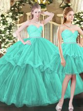 Floor Length Aqua Blue Sweet 16 Dress Tulle Sleeveless Ruffled Layers