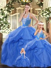 Floor Length Lace Up 15th Birthday Dress Blue for Military Ball and Sweet 16 and Quinceanera with Beading and Ruffles