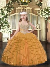 Elegant Orange Ball Gowns Tulle Straps Sleeveless Beading and Ruffles Floor Length Lace Up Little Girl Pageant Dress