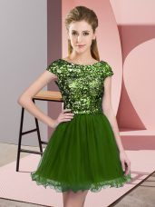 Custom Designed Olive Green Cap Sleeves Mini Length Sequins Zipper Bridesmaid Dresses