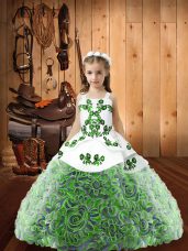 Stylish Sleeveless Fabric With Rolling Flowers Floor Length Lace Up Party Dress for Toddlers in Multi-color with Embroidery and Ruffles