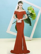 Rust Red Sequined Zipper Evening Dress Short Sleeves Sweep Train Sequins