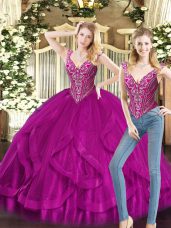 V-neck Sleeveless Organza Quince Ball Gowns Beading and Ruffles Lace Up