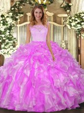 Fantastic Lilac Ball Gowns Scoop Sleeveless Organza Floor Length Clasp Handle Lace and Ruffles Quinceanera Gowns