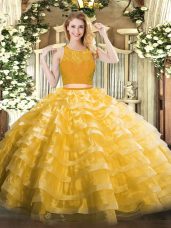 Gold Organza Zipper Scoop Sleeveless Floor Length Quinceanera Gowns Lace and Ruffled Layers
