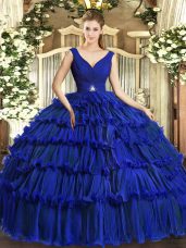 Best Selling Royal Blue Sleeveless Organza Backless Quince Ball Gowns for Sweet 16 and Quinceanera