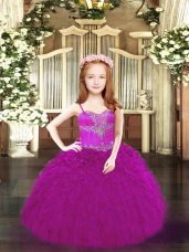 Low Price Fuchsia Organza Lace Up Spaghetti Straps Sleeveless Floor Length Little Girls Pageant Gowns Beading and Ruffles