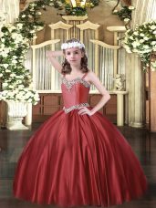 Unique Wine Red Lace Up Custom Made Beading Sleeveless Floor Length