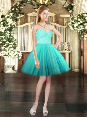 Aqua Blue Ball Gowns Sweetheart Sleeveless Tulle Mini Length Lace Up Beading and Lace