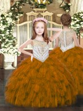 Scoop Sleeveless Little Girl Pageant Dress Floor Length Beading Brown Organza