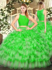 Sleeveless Floor Length Ruffled Layers Zipper Quinceanera Dresses with Green