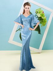 Sequins Prom Dress Baby Blue Zipper Half Sleeves Floor Length