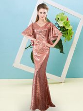 Custom Design Half Sleeves Sequins Zipper Prom Evening Gown