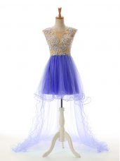 Glittering Scoop Sleeveless Backless Prom Dresses Blue Tulle