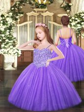 Lavender Ball Gowns Tulle Spaghetti Straps Sleeveless Appliques Floor Length Lace Up Juniors Party Dress