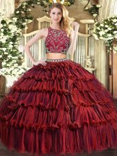 Charming Burgundy Two Pieces Beading and Ruffled Layers Quinceanera Gowns Zipper Tulle Sleeveless Floor Length