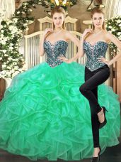 Most Popular Turquoise Tulle Lace Up Sweet 16 Quinceanera Dress Sleeveless Floor Length Beading and Ruffles