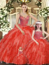 Floor Length Lace Up Ball Gown Prom Dress Red for Military Ball and Sweet 16 and Quinceanera with Beading and Ruffles