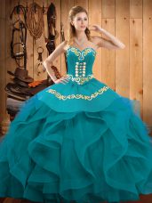 Custom Fit Teal and Turquoise Ball Gowns Embroidery and Ruffles Quinceanera Dress Lace Up Organza Sleeveless Floor Length