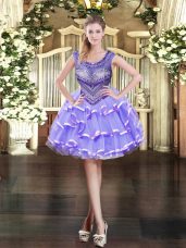 Organza Scoop Sleeveless Zipper Beading and Ruffled Layers Evening Dress in Lavender