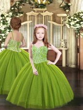 Elegant Olive Green Ball Gowns Beading Party Dresses Lace Up Tulle Sleeveless Floor Length