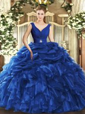 Floor Length Blue Quince Ball Gowns V-neck Sleeveless Backless
