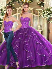 Stunning Eggplant Purple Sleeveless Beading and Ruffles Floor Length 15th Birthday Dress