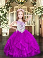 Fuchsia Tulle Zipper Scoop Sleeveless Floor Length Party Dress for Toddlers Beading and Ruffles