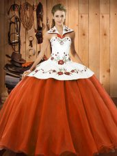 Flare Orange Red Ball Gowns Halter Top Sleeveless Satin and Tulle Floor Length Lace Up Embroidery Sweet 16 Dress