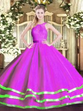 Excellent Tulle Scoop Sleeveless Zipper Lace 15 Quinceanera Dress in Fuchsia