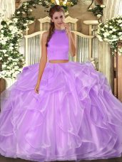 Best Selling Halter Top Sleeveless Backless Ball Gown Prom Dress Lilac Organza