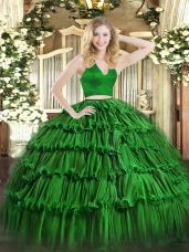 Traditional Green Two Pieces Halter Top Sleeveless Organza Floor Length Zipper Ruffled Layers Sweet 16 Dresses