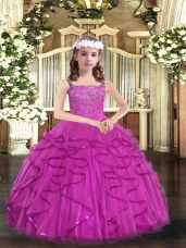 Cute Fuchsia Sleeveless Floor Length Beading and Ruffles Lace Up Party Dress for Toddlers