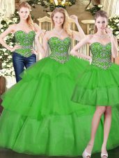 Best Floor Length Green 15th Birthday Dress Organza Sleeveless Beading and Ruffled Layers