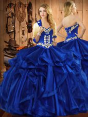 Sweetheart Sleeveless Quinceanera Dresses Floor Length Embroidery and Ruffles Royal Blue Organza