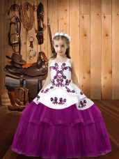 Purple Lace Up Straps Embroidery Girls Pageant Dresses Tulle Sleeveless