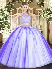 Lavender Two Pieces Beading 15th Birthday Dress Zipper Tulle Sleeveless Floor Length