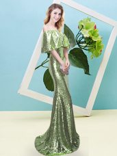 Yellow Green Half Sleeves Floor Length Sequins Zipper Prom Evening Gown