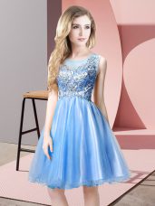 Low Price Baby Blue Zipper Beading Sleeveless Knee Length